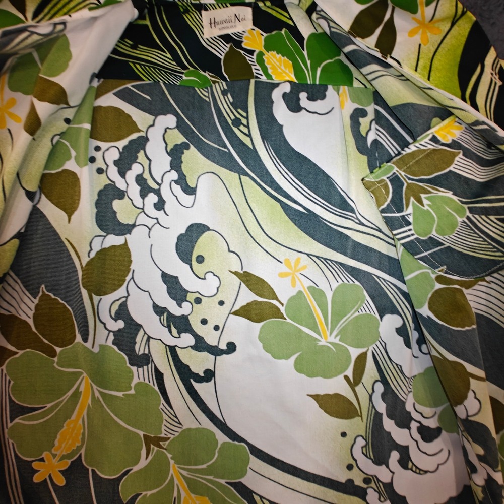 Vintage 1960s Hawaii Nei Honolulu Green Floral Aloha Shirt Big Collar Mens S/M - Picture 12 of 13